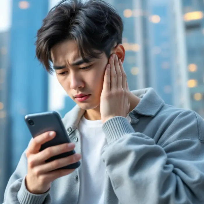 아파트 임대료를 확인하며 스트레스받는 젊은 청년을 설명하는 이미지