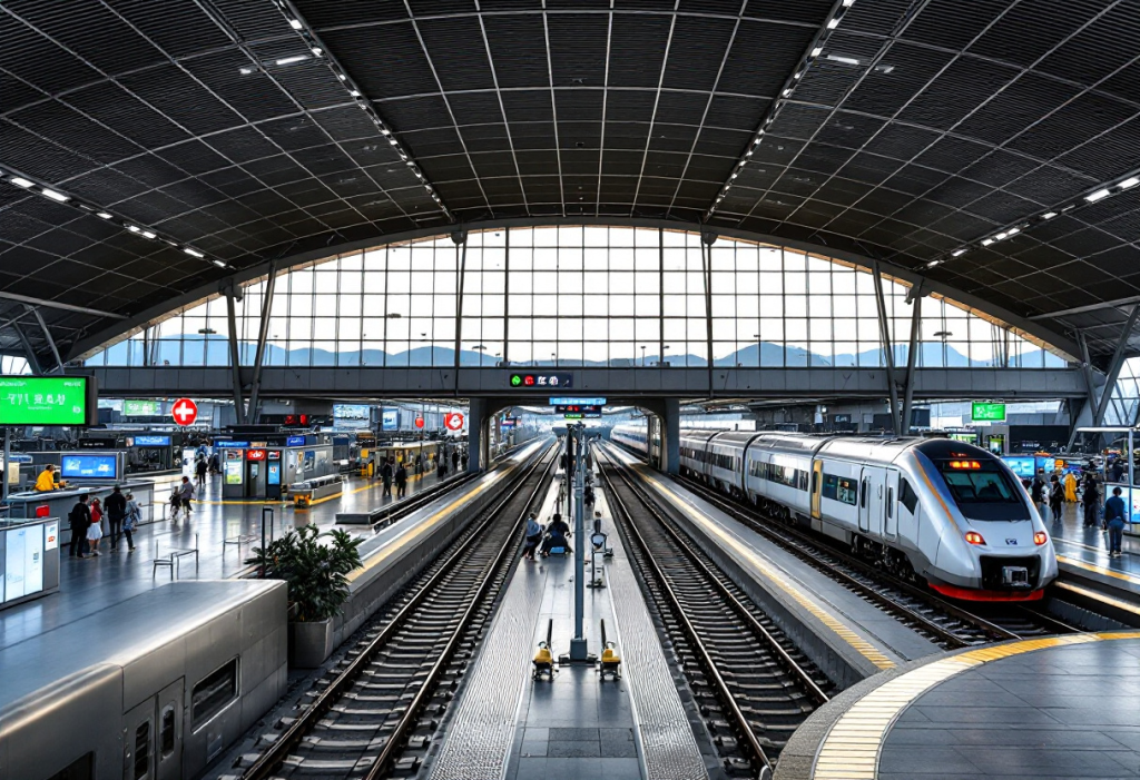 a train station with people walking on the tracks