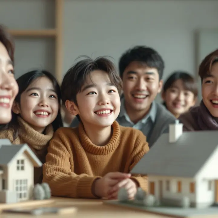 희망적인 표정으로 국민주택을 바라보는 사람들 이미지